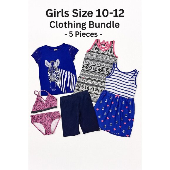 Girls Size 10-12 Clothing Bundle – 5-Piece Lot Dresses Swimsuit Tee Shorts – Hea - Picture 1 of 12